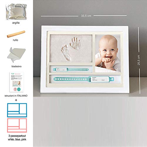 MUBY, Kit De Marco Huella Bebe Y PUERTA PULSERAS DE NACIMENTO - Regalos Originales Para El Recién Nacido Para Niño Y Niña - Decoraciones Para Pared De La Habitación Cm 33,5 x 25,5-Cuadro Bebe Huella