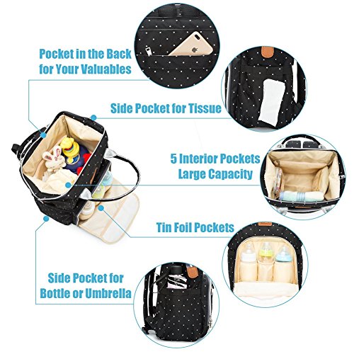 Multifunción pañal bolsa de pañales cambiador de viaje, gran capacidad mochila bolsa reutilizable, ligero elegante Durable Mochila con bolsillo botella aislante para mamá y papá, Pot Negro