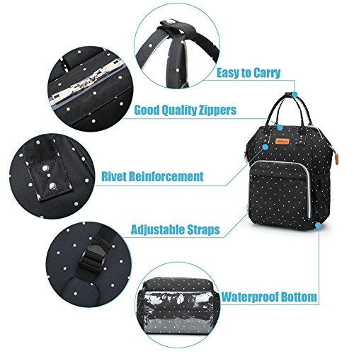 Multifunción pañal bolsa de pañales cambiador de viaje, gran capacidad mochila bolsa reutilizable, ligero elegante Durable Mochila con bolsillo botella aislante para mamá y papá, Pot Negro