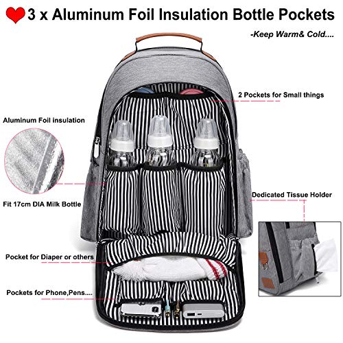 Myhozee Mochila de Pañales y Biberones para Bebé,Impermeable Bolsa Mochila de Pañales Cambiador con una Almohadilla para el Pañal y 2 Ganchos de Carrito para Cuidado de Bebé y Mamá (Gris)