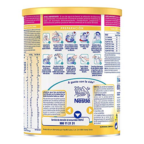NAN H.A. Hipoalergénica - Leche para lactantes en polvo - Fórmula para bebé - Desde el primer día - 800g