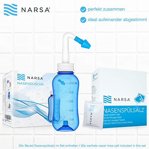 NARSA® Kit de Lavado y Irrigación Nasal/Aspirador de Nariz/Enjuague Nasal para Aliviar la Congestión Nasal Causada por las Alergias, Infecciones, Polen y Impurezas / 30 Bolsas de Solución Salina