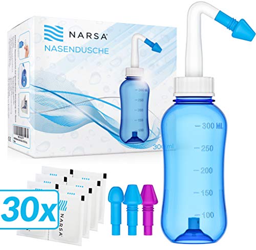 NARSA® Kit de Lavado y Irrigación Nasal/Aspirador de Nariz/Enjuague Nasal para Aliviar la Congestión Nasal Causada por las Alergias, Infecciones, Polen y Impurezas / 30 Bolsas de Solución Salina