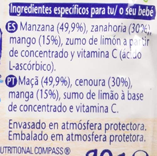 Nestlé Bolsita de puré de frutas, variedad Manzana Zanahoria y Mango - Para bebés a partir de 6 meses - Paquete de 16 bolsitasx90g