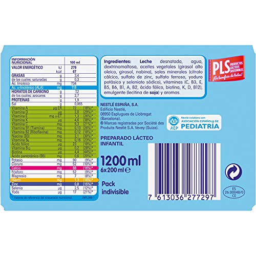 Nestlé Junior 1+ Original - Leche para niños a partir de 1 año - 6x200ml, sin azúcar añadido ni aceite de palma