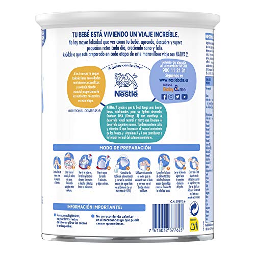 NESTLÉ NATIVA 2 – Leche de continuación en polvo – Fórmula Para bebés - A partir de los 6 meses - 800g