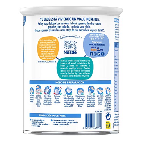 NESTLÉ NATIVA 3 - Leche de crecimiento en polvo - Fórmula infantil - A partir de los 12 meses - 800g