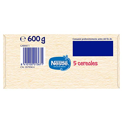 Nestlé Papilla 5 cereales - Alimento Para bebés - Paquete de 6x600 g - Total: 3.6kg