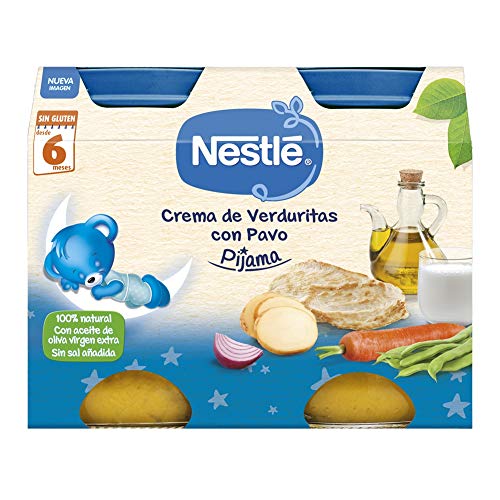 Nestlé Purés Pijama, Tarrito de puré de verduras y carne, variedad Crema de verduritas con Pavo - Para bebés a partir de 6 meses - Paquete de 6x2 Tarritos de 200g