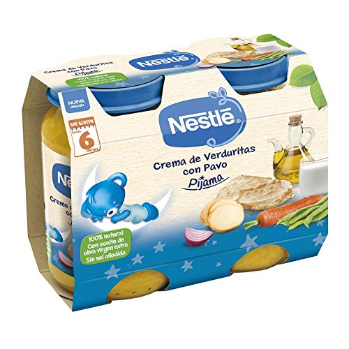 Nestlé Purés Pijama, Tarrito de puré de verduras y carne, variedad Crema de verduritas con Pavo - Para bebés a partir de 6 meses - Paquete de 6x2 Tarritos de 200g