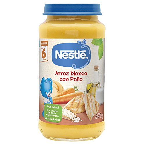 Nestlé Purés - Tarrito de puré de verduras y carne, variedad Arroz blanco con Pollo - Para bebés a partir de 6 meses - Paquete de 6 Tarritos de 250g