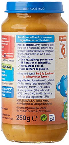 Nestlé Purés Tarrito de puré de verduras y carne, variedad Jardinera de la huerta con Ternera - Para bebés a partir de 6 meses - Paquete de 6 Tarritos de 250g