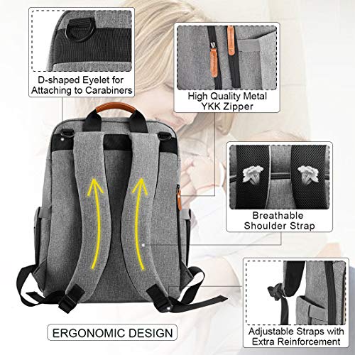 NEWHEY Mochilas de Pañales Bebé Bolsa de Pañales Mamá Multifuncional Gran Capacidad Bolsos Cambiadores Pañales Impermeable con 2 Correas de Cochecito Gris