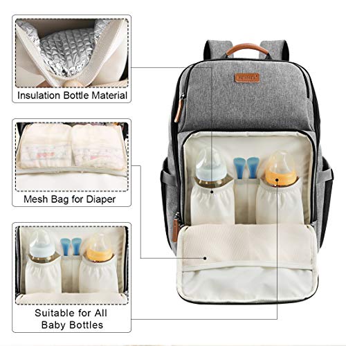 NEWHEY Mochilas de Pañales Bebé Bolsa de Pañales Mamá Multifuncional Gran Capacidad Bolsos Cambiadores Pañales Impermeable con 2 Correas de Cochecito Gris