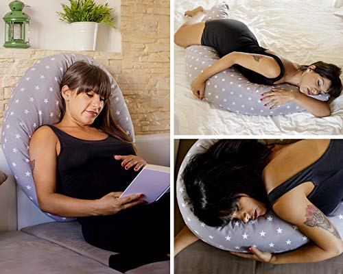 Niimo Almohada Embarazada Dormir y Cojin Lactancia Bebe Multifuncion Funda Cojin 100% Algodon Desenfundable y Lavable Relleno de Poliester Multiusos Maternidad (Alpha, Gris-Estrella Blanca)