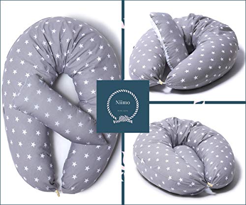 Niimo Almohada Embarazo y Cojin Lactancia Bebe + Soft Cojìn Dormir y Abrazar Funda Cojines 100% Algodon Desenfundable y Lavable (Gris-Estrella Blanca)