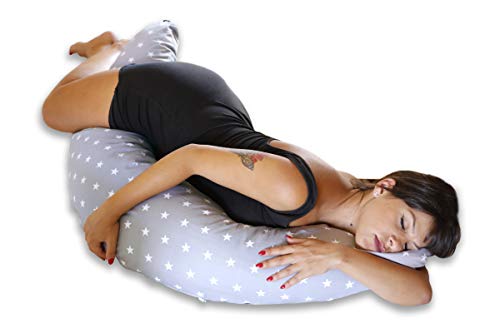 Niimo Almohada Embarazo y Cojin Lactancia Bebe + Soft Cojìn Dormir y Abrazar Funda Cojines 100% Algodon Desenfundable y Lavable (Gris-Estrella Blanca)