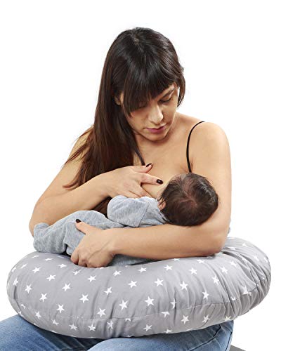 Niimo Cojin Lactancia Bebè Funda Cojin 100% Algodòn,Extraíble y Lavable Almohada Multifuncional para Madre y Bebé Relleno de Fibra de Poliéster (Blanco-Lunares Gris)