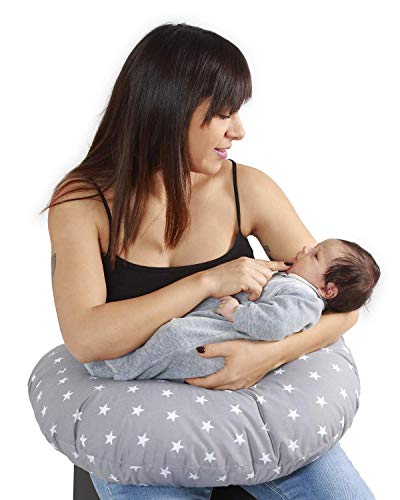 Niimo Cojin Lactancia Bebè Funda Cojin 100% Algodòn,Extraíble y Lavable Almohada Multifuncional para Madre y Bebé Relleno de Fibra de Poliéster (Gris-Lunares Blancos)