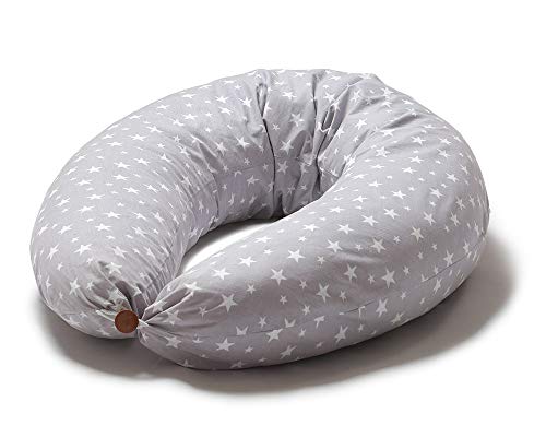 Niimo Cojin Lactancia Bebe y Almohada Embarazada Dormir Multifuncion Funda Cojin 100% Algodon Desenfundable y Lavable Relleno de Poliester Multiusos Maternidad (Alpha XXL, Gris-Estrella Blanca)