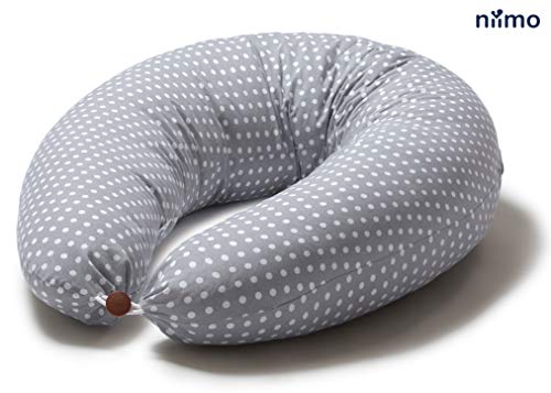 Niivetto Almohada Embarazo Dormir y Cojin Lactancia Bebe XXL Nido Bebe Funda 100% Algodon Desenfundable y Lavable Relleno de Fibra Hueca Poliester Siliconado by Niimo (Gris - Lunares Blancos)