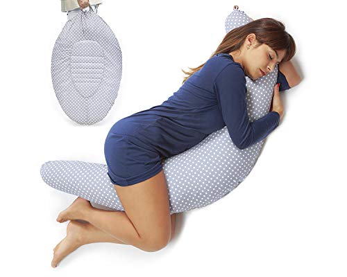 Niivetto Almohada Embarazo Dormir y Cojin Lactancia Bebe XXL Nido Bebe Funda 100% Algodon Desenfundable y Lavable Relleno de Fibra Hueca Poliester Siliconado by Niimo (Gris - Lunares Blancos)