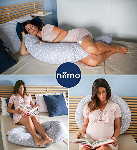 Niivetto Almohada Embarazo Dormir y Cojin Lactancia Bebe XXL Nido Bebe Funda 100% Algodon Desenfundable y Lavable Relleno de Fibra Hueca Poliester Siliconado by Niimo (Gris-Estrella Blanca)