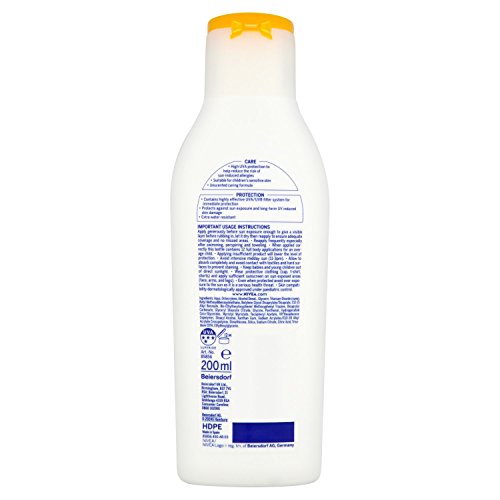 Nivea - Kids protect and sensitive, loción solar con, factor de protección solar 50+ muy alta, 200 ml