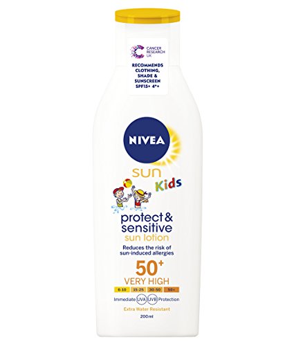 Nivea - Kids protect and sensitive, loción solar con, factor de protección solar 50+ muy alta, 200 ml