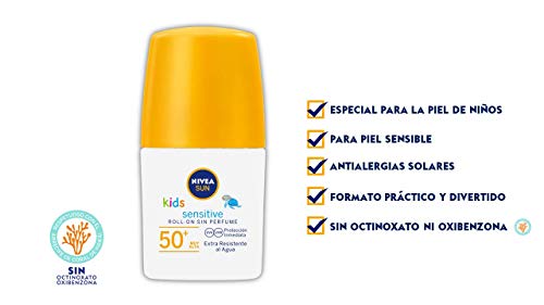 NIVEA SUN Kids Sensitive Protege & Juega Roll-on FP 50+ (1 x 50 ml), crema solar para niños extra resistente al agua, protector solar roll-on para piel sensible