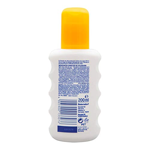 NIVEA SUN Protect & Sensitive Spray Solar Niños FP50+ (1 x 200 ml), protector solar para niños, protección solar muy alta para reducir el riesgo de alergias solares