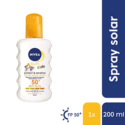 NIVEA SUN Protect & Sensitive Spray Solar Niños FP50+ (1 x 200 ml), protector solar para niños, protección solar muy alta para reducir el riesgo de alergias solares