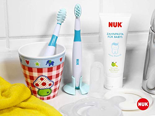 NUK 10256396 - Juego de higiene dental para bebé (pasta de dientes de manzana y plátano y cepillo de dientes para dedo, sin BPA, una unidad)