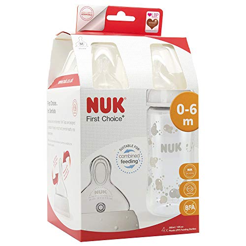 NUK - Biberón First Choice, a 300 ml con tetina de silicona de tamaño 1, 0-6 meses, 4 unidades.