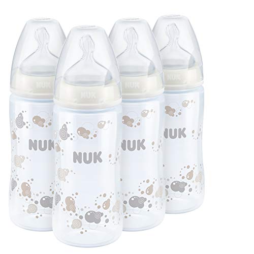 NUK - Biberón First Choice, a 300 ml con tetina de silicona de tamaño 1, 0-6 meses, 4 unidades.