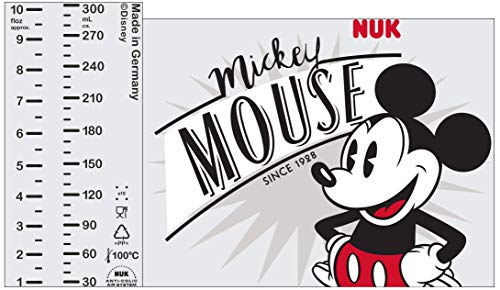 NUK Botella FIRST CHOICE Anti-Cólico bebé Disney Mickey PP 300 ml, con cuello ancho Gr silicona pezón. 2 (6-18 meses) M para la leche, color negro