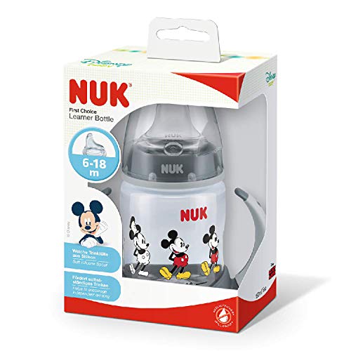 NUK Disney First Choice+ biberón | 6-18 meses | Tetina de silicona | Válvula anticólico | Sin BPA | 150 ml | Mickey Mouse