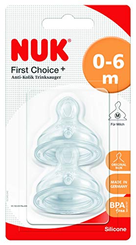 NUK First Choice+ Pezón de silicona con orificio de alimentación medio (paquete de 2), 0-6 meses