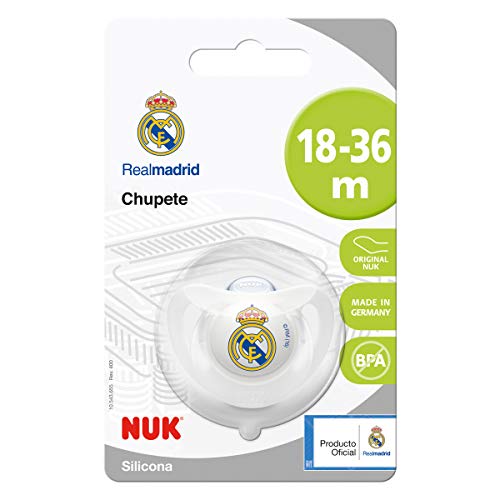 NUK Genius, Chupete del Real Madrid para Bebé de Silicona con Tetina Anatómica en Forma de Pezón Materno, Color Blanco, 18 a 36 meses.