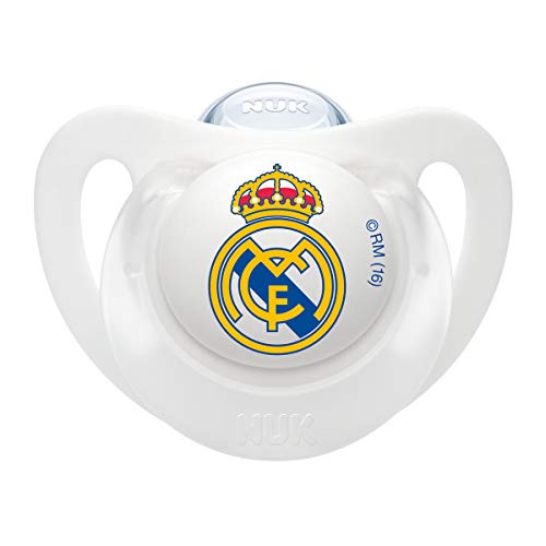 NUK Genius, Chupete del Real Madrid para Bebé de Silicona con Tetina Anatómica en Forma de Pezón Materno, Color Blanco, 18 a 36 meses.