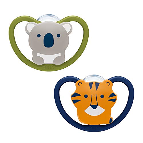 NUK Space Pacifier, forma de mandíbula, 6-18 meses, silicona, koala y tigre, 2 piezas