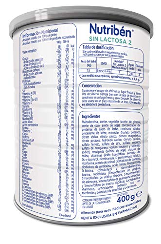 Nutribén - Leche Infantil Sin Lactosa 2 desde los 6 meses - 400 gr.