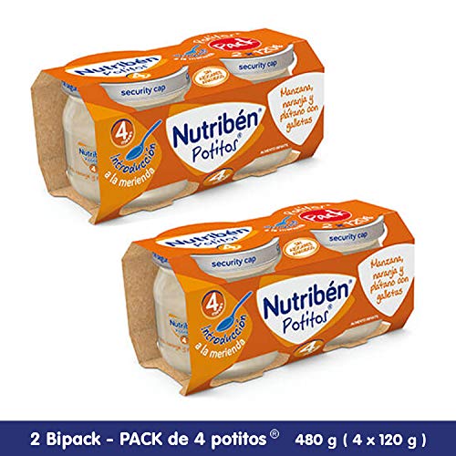 Nutribén Potitos Introducción A La Manzana, Naranja Y Plátano Con Galleta Desde Los 4 Meses, 2 Bipacks (4 X 120 Gr.)