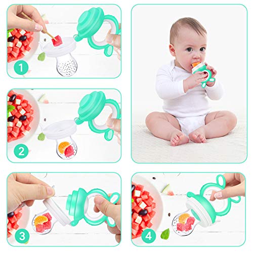 Oladwolf Chupete Fruta Bebe, Alimentador Antiahogo de Fruta Para Bebés y Niños Pequeños con 3 Tamaños Diferentes Reemplazo de Pezones de Silicona, Sin BPA Juguete Para Niños Dentición Chupete (Verde)