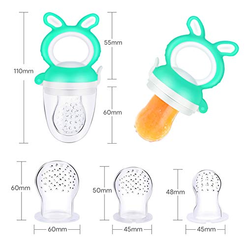 Oladwolf Chupete Fruta Bebe, Alimentador Antiahogo de Fruta Para Bebés y Niños Pequeños con 3 Tamaños Diferentes Reemplazo de Pezones de Silicona, Sin BPA Juguete Para Niños Dentición Chupete (Verde)