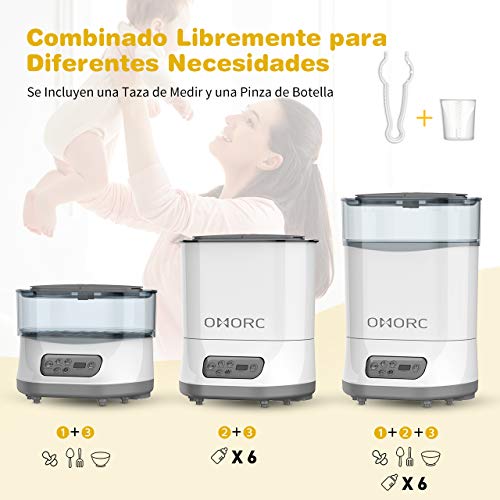 OMORC Esterilizador de Biberones, 5 en 1 Desinfecta/Seca hasta 6 biberones o Chupetes, Productos para Bebés, BPA-FREE, Calienta Biberones