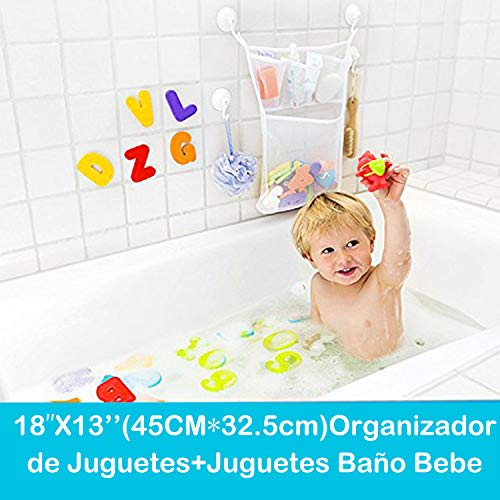 Organizador de Juguetes con Bolsa de Almacenamiento y 2 Ganchos Adhesivos, Juguetes Baño Bebe Números y Letras de Baño, 36 Piezas de Espuma (A-Z, 0-9), Aprender y Divertirse Niños Mayores de 3 Años