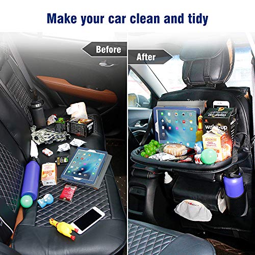 Organizador para Coche, Protector de Asiento de PU Cuero para Coche Kick Mats con Comedor Poseedor Bandeja, Multi-Bolsillo de Almacenamiento de Coche Bebe para iPad Tablet Botella Bebida Juguete,Negro