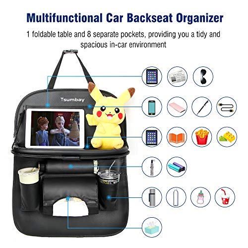 Organizador para Coche, Protector de Asiento de PU Cuero para Coche Kick Mats con Comedor Poseedor Bandeja, Multi-Bolsillo de Almacenamiento de Coche Bebe para iPad Tablet Botella Bebida Juguete,Negro