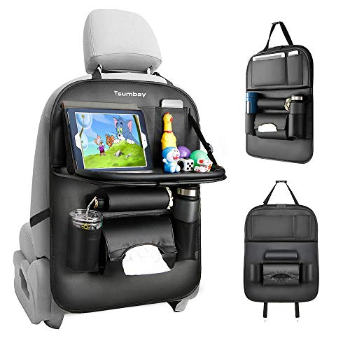 Organizador para Coche, Protector de Asiento de PU Cuero para Coche Kick Mats con Comedor Poseedor Bandeja, Multi-Bolsillo de Almacenamiento de Coche Bebe para iPad Tablet Botella Bebida Juguete,Negro